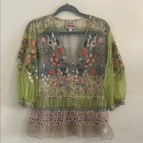 Johnny Was Multicolor Floral Embroidered 3/4 Sleeve Sheer V-Neck Blouse Large - Picture 1 of 6